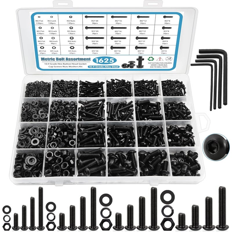 SATANTECH 1625PCS Screws Bolts and Nuts Assortment Kit, M2 M3 M4 M5 Nut Bolt Assortment with Lock & Flat Washers, Grade 10.9 Alloy Steel Hex Socket Head Screws Nuts and Bolts Assortment Kit - Image 1
